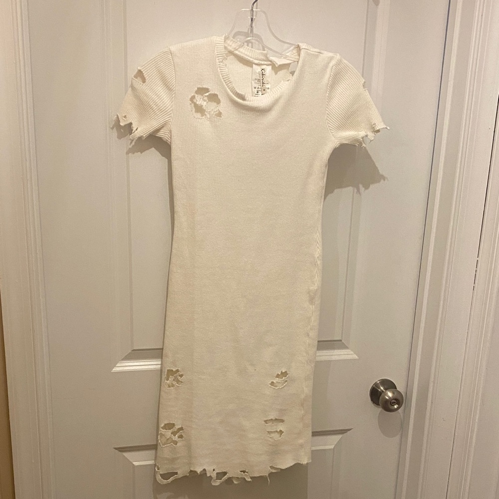 NWT White Distressed Midi Dress - Casual Ribbed Tee Dress